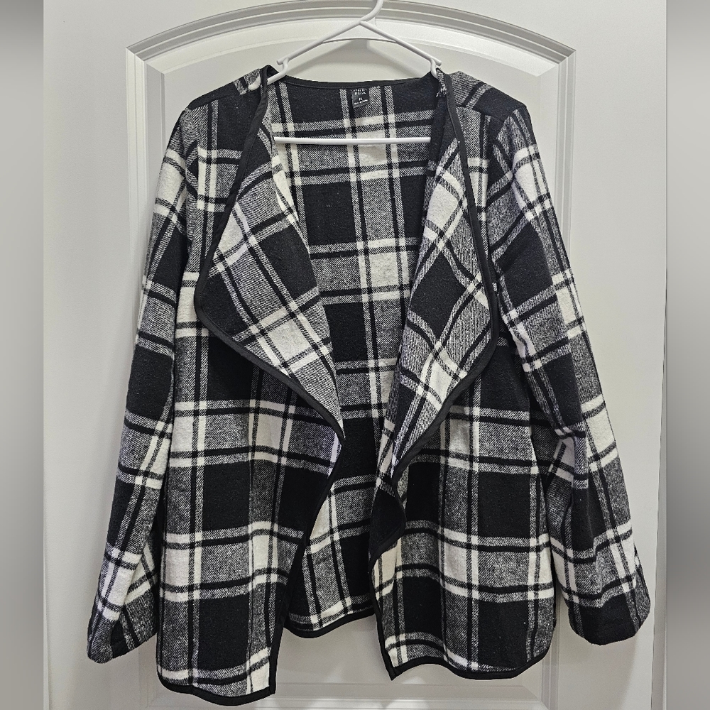 SHEIN LUNE Plaid Print Waterfall Collar Open Front Overcoat Size XL (12)